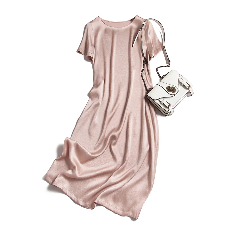 

SHUCHAN Pink Normcore/Minimalist Dresses for Women Party 2021 Summer Dress Solid Short Sleeve Mid-Calf Clothing