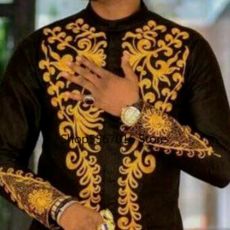 2021 New Men's Mid-length Printed T-shirt Dashiki Slim Long Sleeve Top African Men's Fashion Muslim Casual Shirt Plus Size