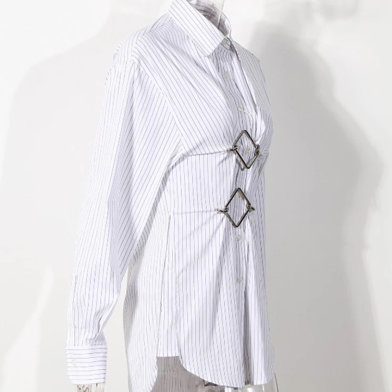 

Cultiseed Women Autumn New Metal Buckle Stripes Shirts Blouses Tops Female Personality Fashion Long Sleeve Work Party Shirts Top
