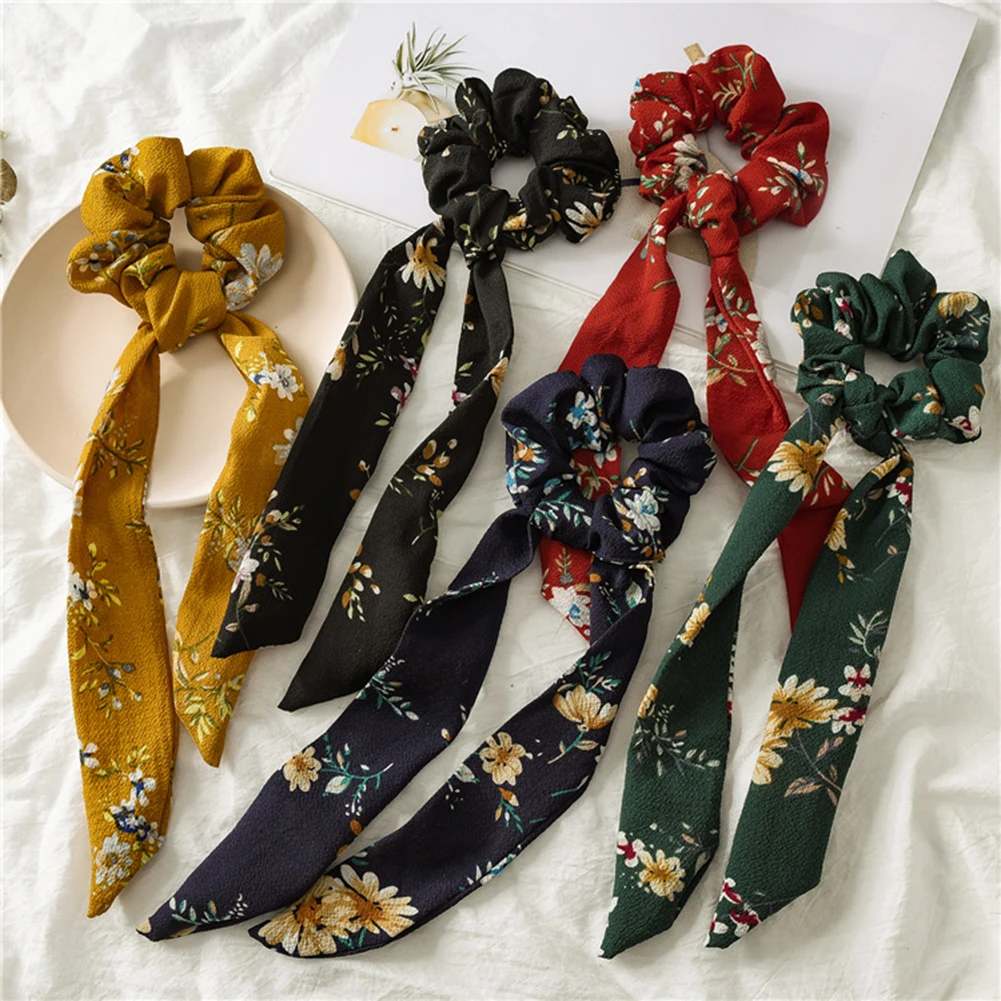 

Polka Dot Knotted Hair Rope Girls Elegant Women Floral Print Ponytail Scrunchies Long Ribbon Elastic Hair Bands Hair Accessories