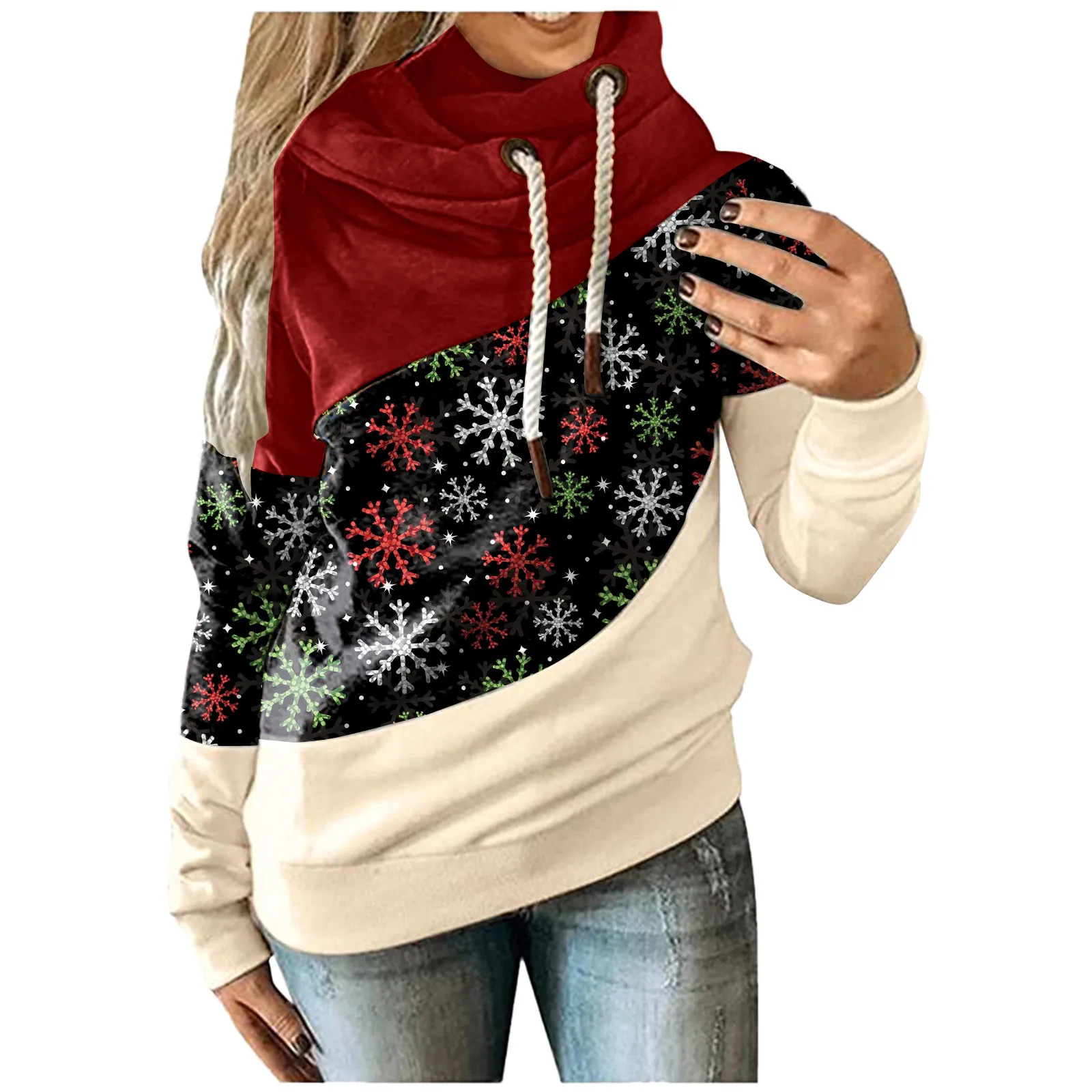 

Women Christmas Sweatshirts Patchwork Snowflake Printed Hoodies Top Winter Long Sleeve Turtleneck Pullover Clothes Moletom