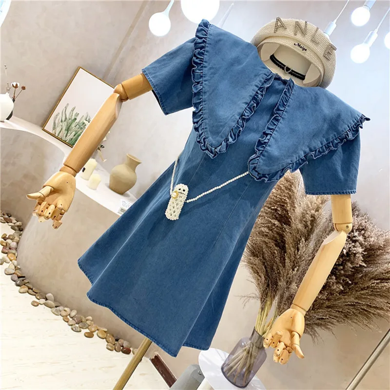 

Niche Design New Women's Clothing Summer 2021 Fashion Sweet Doll Collar Denim Dress Slim A-line Dress