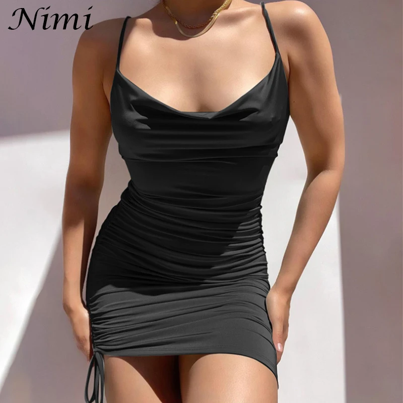 

Side Drawstring Pink Strap Summer Dress Sexy Backless Off Shoulder Dresses Halter Collage-stitching Middle Waist Polyester