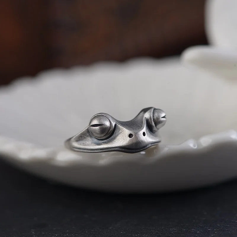 

Sterling Silver Retro Craft Silver Ring Female Models Open Cute Golden Toad Frog Lucky Transfer Ring Birthday Gift Punk Gothic