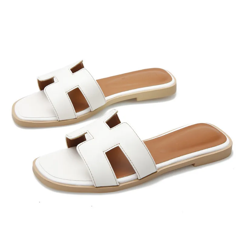 

Women H Slippers Ladies Flat Shoes Slip on Hollow H Sandals Femme Luxury Designer Brand Square Toe Woman Sandals Summer Slides