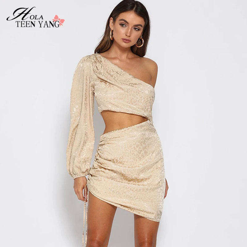 

Solid Pleated Mini Dress One Shoulder Slash Neck Drawstring Dress Casual Party Skirt Long Puff sleeve Hip Package Skinny Bodycon