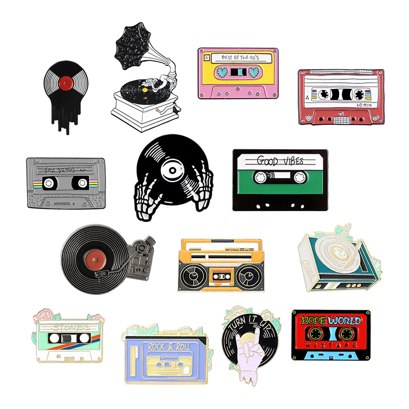 

Music Lovers Enamel Pins Tape Cassette DJ Vinyl Record Player Badge Brooches Lapel Pin punk Jewelry Gift for Friends Wholesale