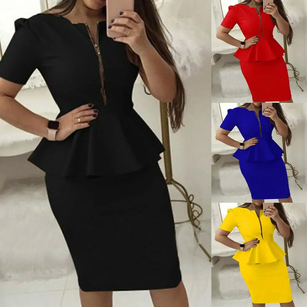 

Модное женское офисное платье с коротким рукавом на молнии с рюшами и О-образным вырезом