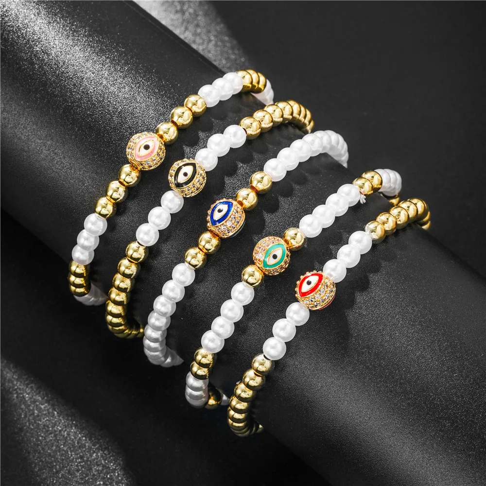 

Luxury Classic Evil Eye Charm Bracelet for Women Cubic Zircon Eyes Copper Beaded Adjustable Bangles Pearl Beaded Jewelry Gift