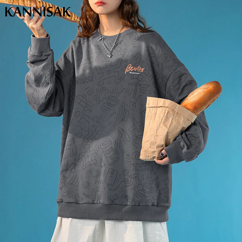 

Женские свитшоты 2021 весна осень с круглым вырезом Harajuku Свободные японские пуловеры с принтом Одежда для пар свитшоты с рукавами-крылышками