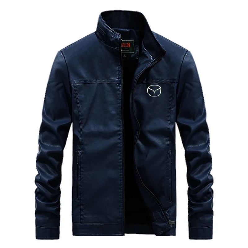 

Men's Leather Jacket Design Stand Collar Coat Men Casual Wild Motorcycle Mazda Car LOGO Coat Mens Jackets Tops Fast delivery
