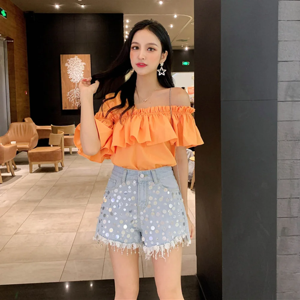 

Women Blouse Sexy Off-shoulder Flared Sleeve Ruffled Chiffon Shirt Loose And Sweet Young Lady Top Summer Dating Korean Boho Tee