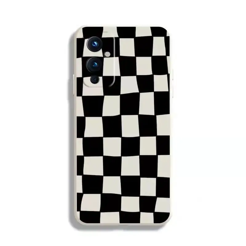 

Checkerboard Liquid silicone Phone Case For One Plus 1+ 9 9R 9Pro 9RT Black & White Checked Grid Back Cover