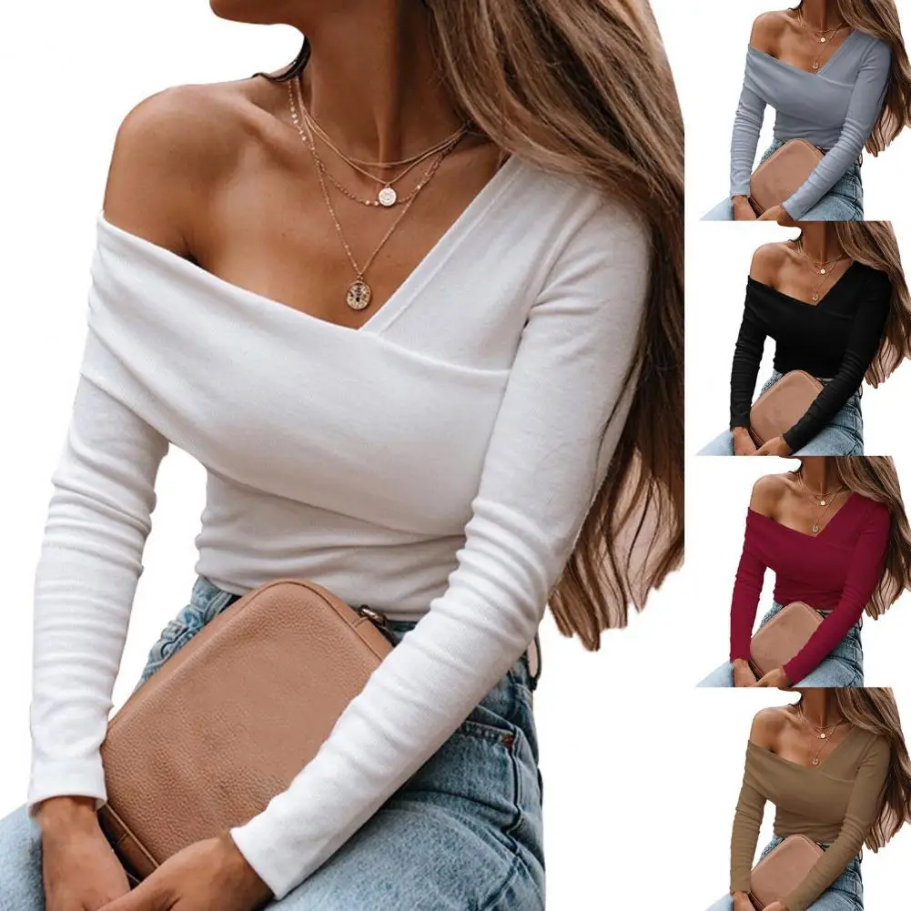 

Autumn Blouse Off Shoulder Solid Color Women Slim Long Sleeve All Match Top Streetwear