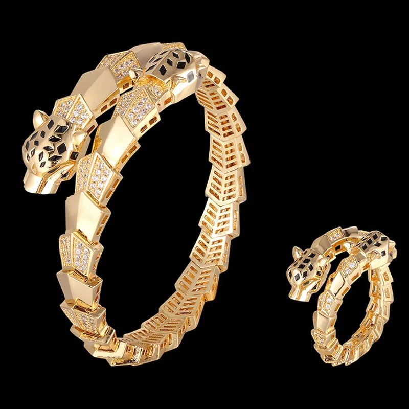 

Zlxgirl Luxurious adjustable micro pave leopard shape animal bangle ring jewelry sets Gold color bracelet&bangle free box bags