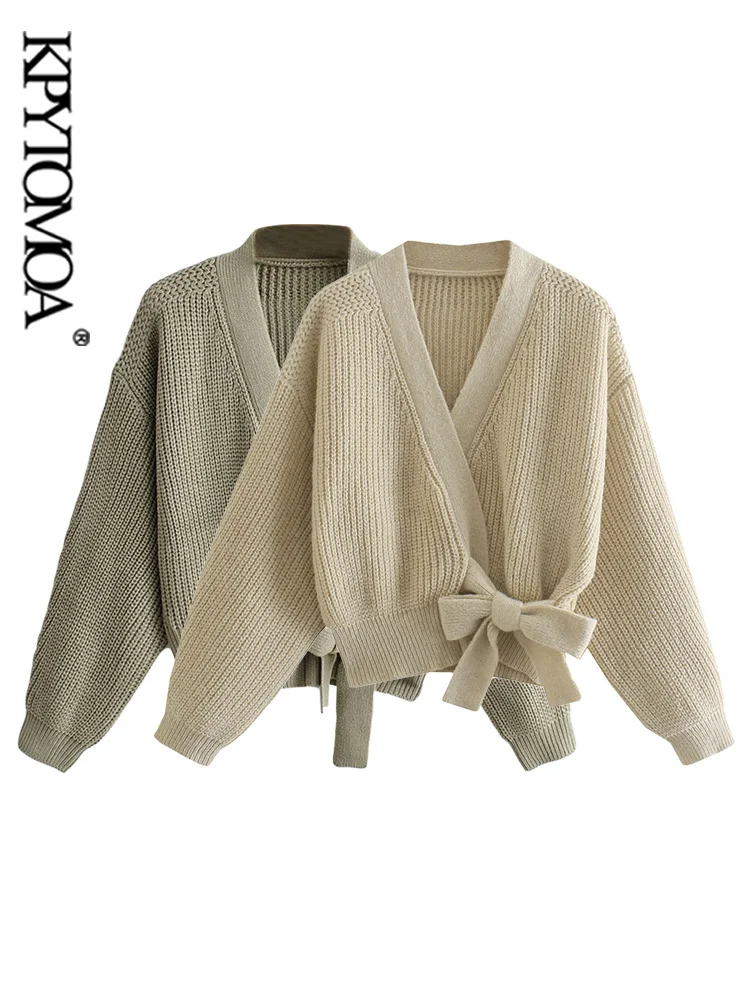 

KPYTOMOA женский модный Свободный вязаный кардиган с бантом, винтажный свитер с V-образным вырезом и длинным рукавом, женская верхняя одежда, ши...