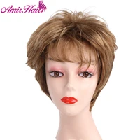 amir straight short synthetic hair wigs for women ombre brown blonde puff female wig with part side bangs layer wig