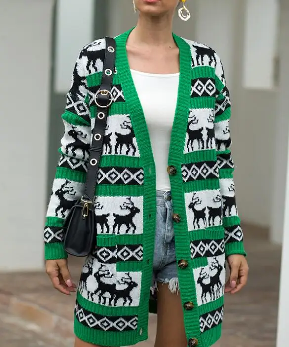 

Christmas Deer Cardigan Long Sleeve Open Stitch Knitted Sweaters Women Casual Sweater Ladies Invierno Loose Cardigan Mujer Autum