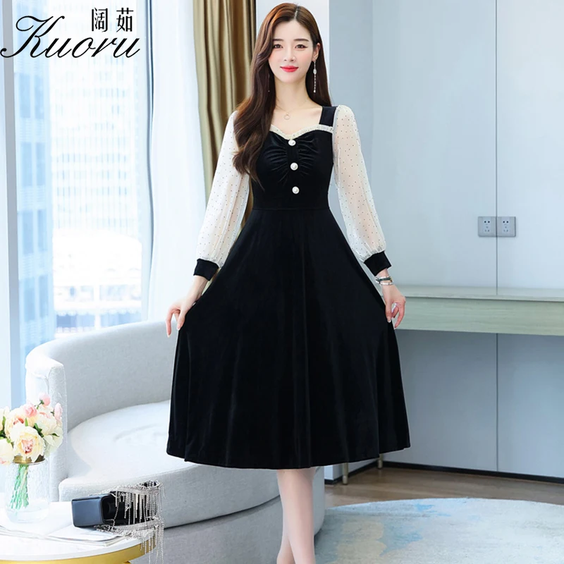 

Women Autumn Long Sleeve Midi Dress Black Evening Dresses Robe Femme Chic Spring Club Outfits For Splicing Jupe Longue Vestidos