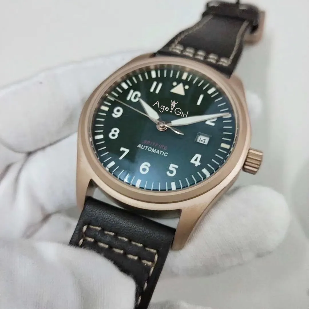 

Classic New Men Automatic Mechanical Pilot Brown Leather Stainless Steel Sapphire Green Canvas Watch AAA+