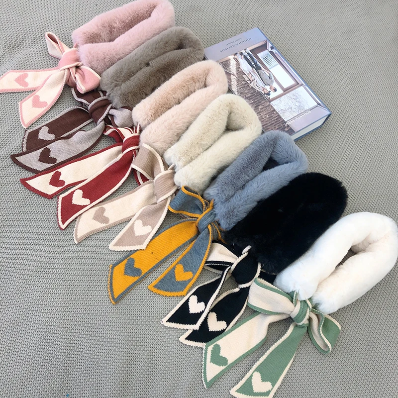 

Temperament Heart Design Warm Knitted Ring Scarf For Girls Winter Warm Skin-friendly Faux Rabbit Fur Neck Collar Scarf