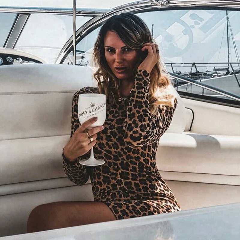 

ImCute 2020 Sexy Women Leopard Print Long Sleeve Bodycon Dress Ladies Clubwear Party Bodycon Short Mini Dresses Turtleneck Dress