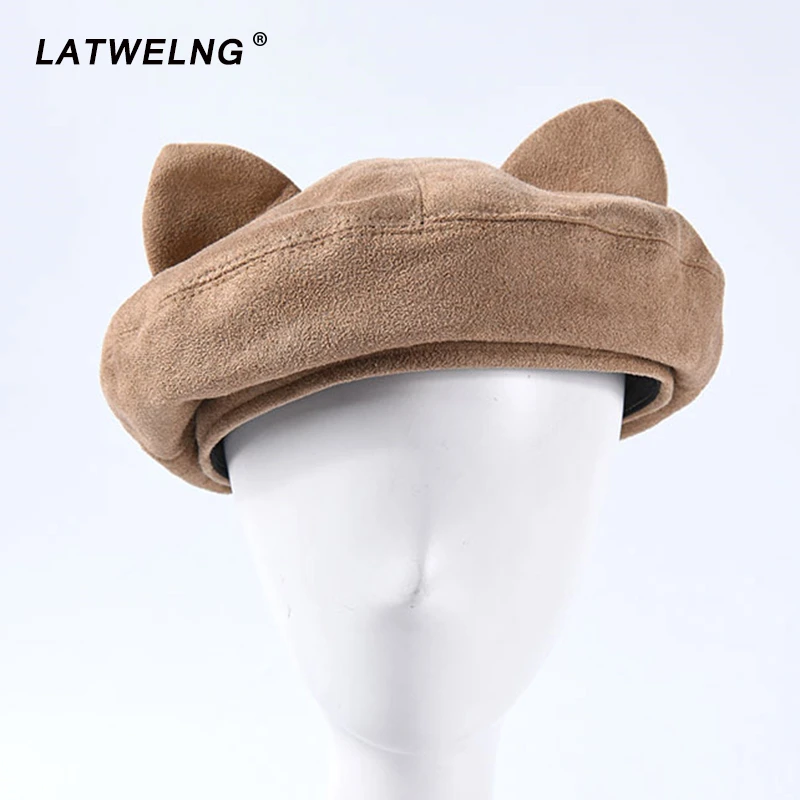 Новинка 2020 милый беретик с ушками замшевая шапка s однотонная Студенческая