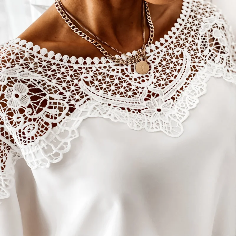 

Blouse Shirt Women Lace Patchwork Casual Loose Long Sleeve Tops Office Ladies Elegant OL Commuting Pullover Tops