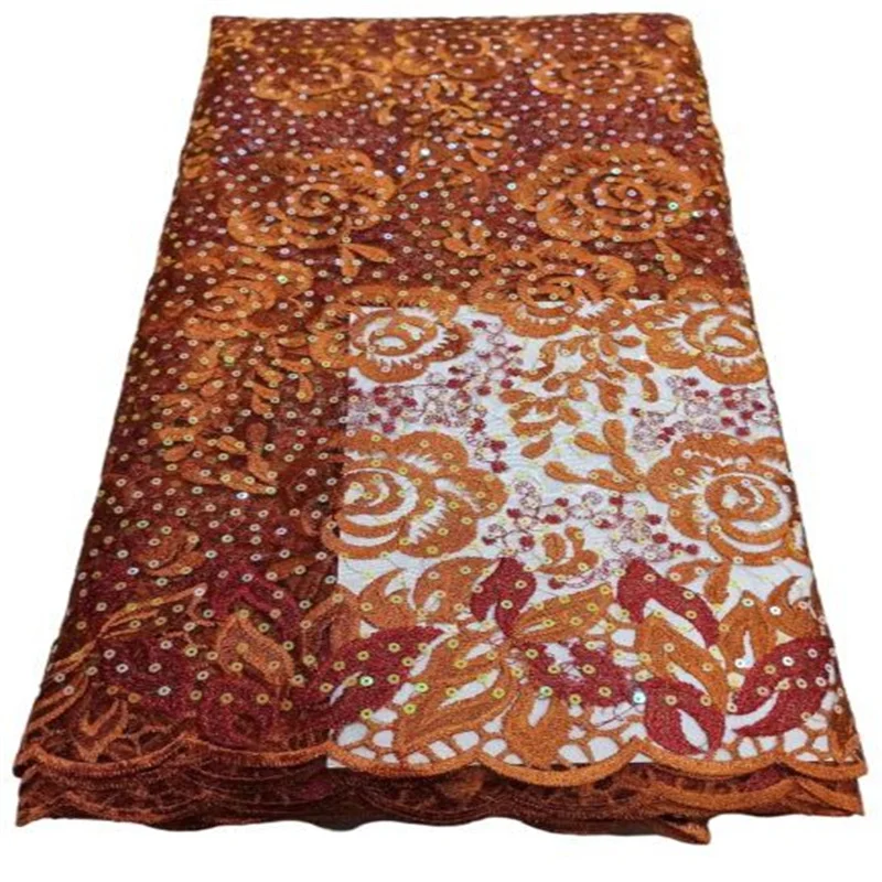 

Африканская сетчатая кружевная ткань сгоревшего оранжевого цвета, Высококачественная французская кружевная ткань с блестками, 3D сетчатая ...