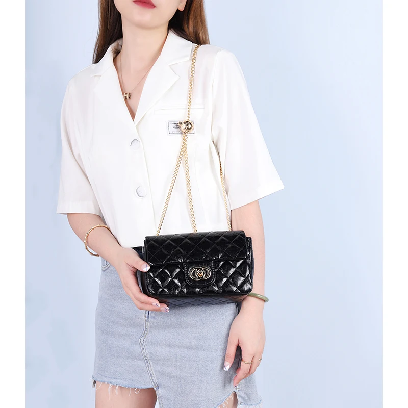 

2021 Bag Women's Genuine Leather Summer Crossbody Bag Cowhide Crack New Fashion Golden Ball Xiaoxiang Rhombus Chain Shoulder Bag