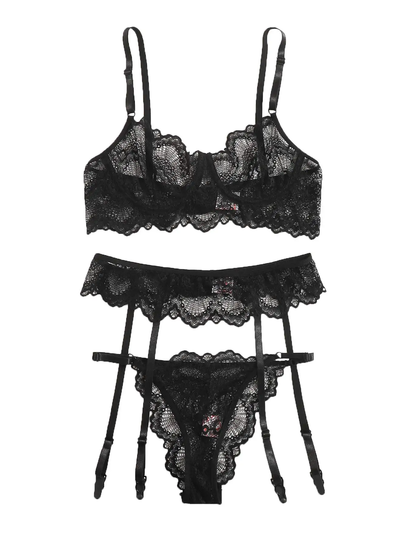 

REED Women's 3 Piece Floral Lace Lingerie Set with Garter Belts Sexy Bra and Panty