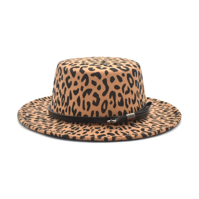 Ladies Leopard Print Winter Warm Flat Top Fedora Hat Top Jazz Hat Men And Women Round Flat Top Hat P15