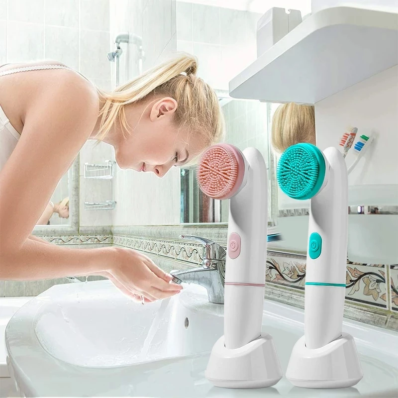 

2 In 1 Electric Facial Cleansing Brush Silicone Rotating Face Brush Deep Cleaning Skin Exfoliation Waterproof Facial Massager