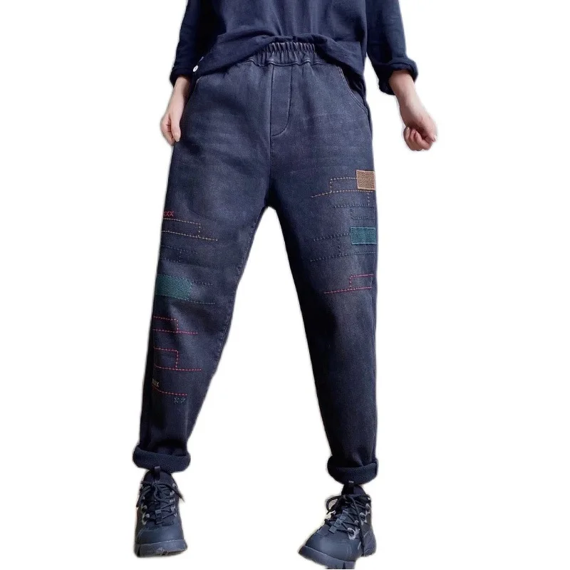 

Women Winter Embroidery Fleece Thick Jeans Office Lady Large Elastic Waist Vintage Warm Denim Pants Female Casual Loose Trousers