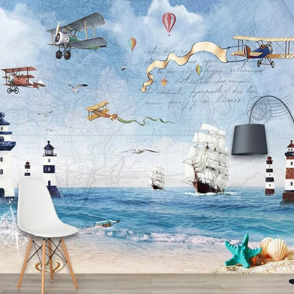 

milofi custom 3D nordic cartoon airplane sailing sea Large TV background wallpaper mural