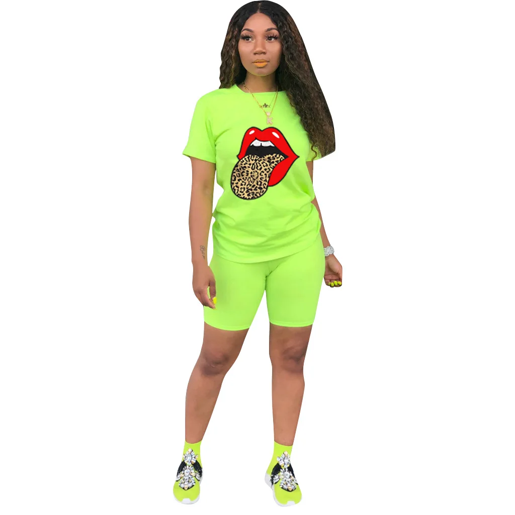 

2020 Summer Women Suit Hot Style Model Solid-color Leopard Lip Print Short Sleeves & Biker Shorts All-matching Two Piece Set