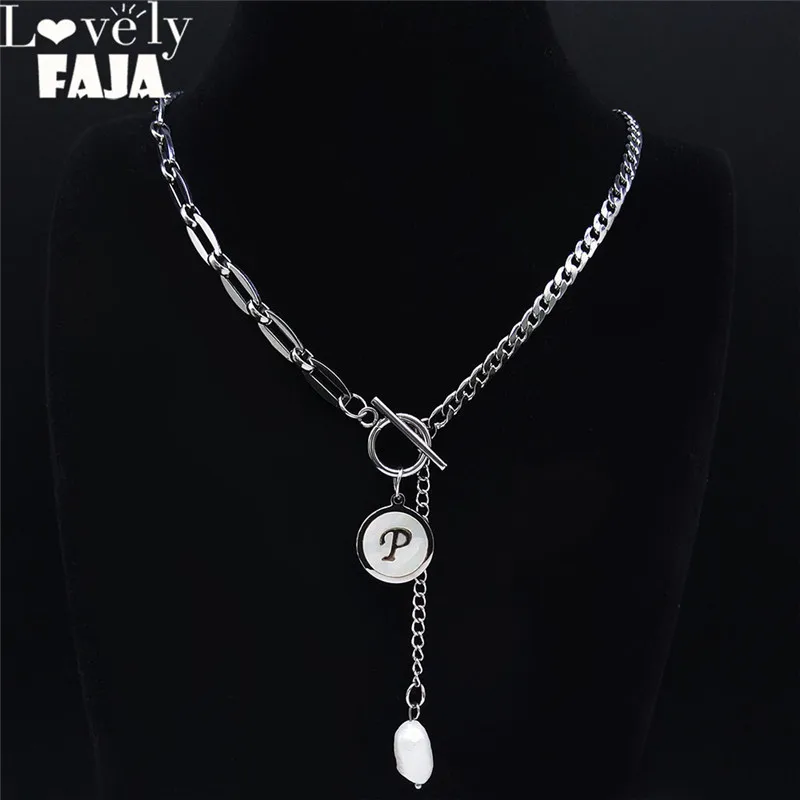 

Shell Stainless Steel Pearl P Letter Necklaces Women Silver Color Hip Hop Tassel Pendant Necklace Jewelry bijoux femme NP7000S03
