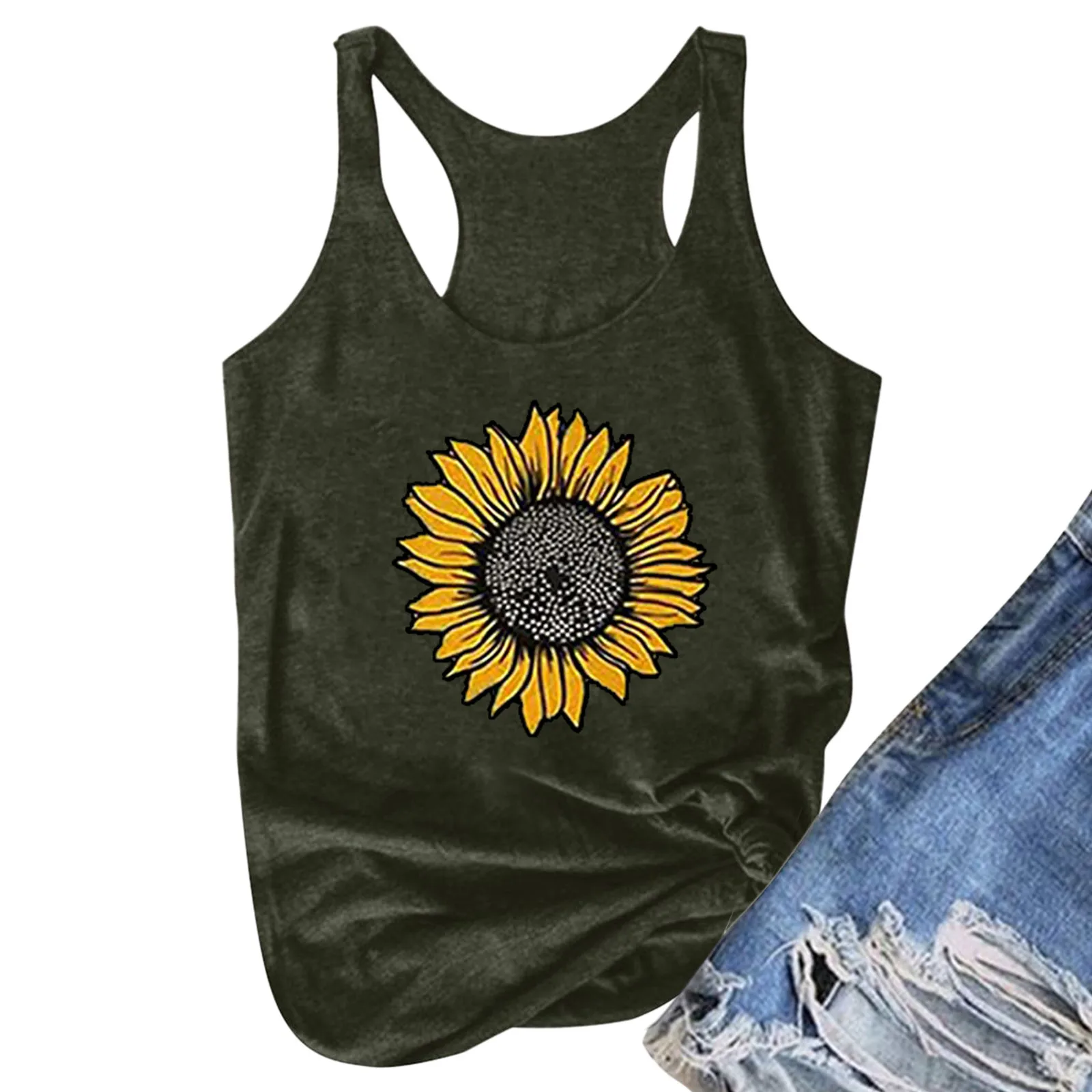 

Blouses Women Summer Sunflower Print Round Neck Sleeveless T-shirt Top Tank Ropa De Verano Mujer Vtements Femme 2021