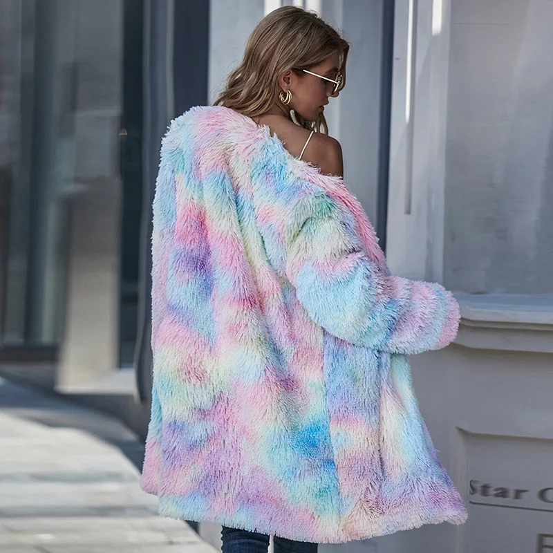 

2020 Autumn women's plush color tie-dyed long sleeve coat Long Sleeve Warm Thick Jacket Overcoat High street simple em*