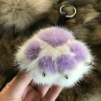 women creative real mink fur cat paw keychain cute bag charm ornaments soft pompom plush cute bear claw key ring car key pendant