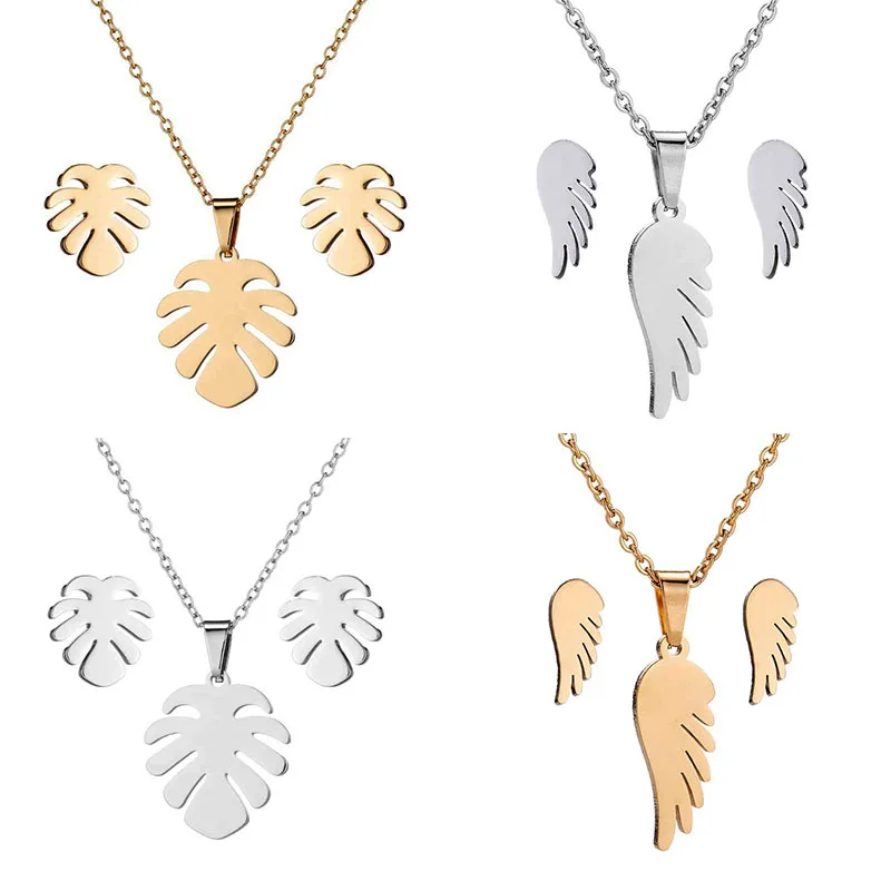 

Fashion Stainless Steel Wing Pendant Clavicle Necklace Simple Angel Wing Necklace Earrings Set For Woman Jewelry Gift Findings
