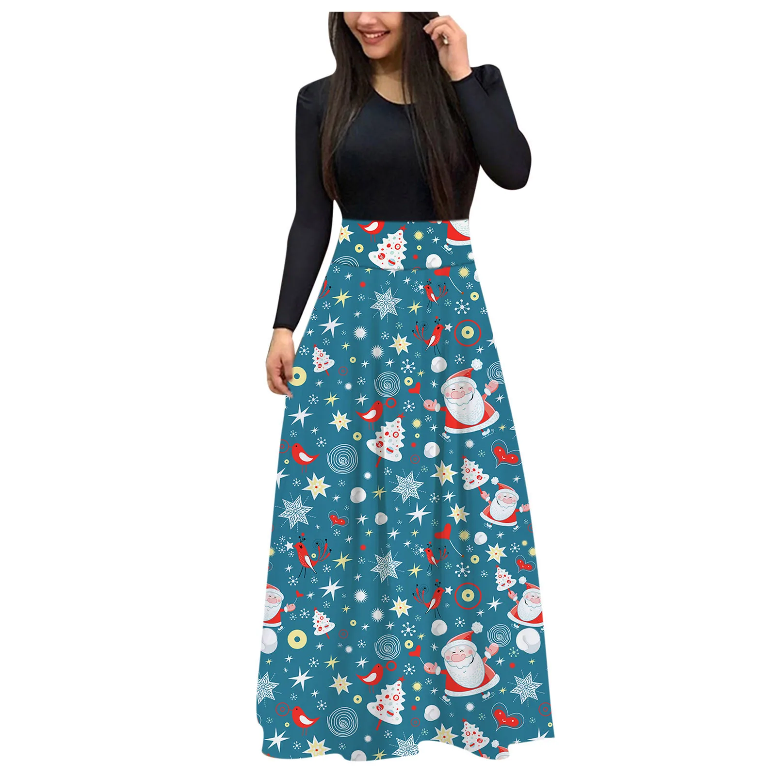 

Vintage Christmas Print Women Party Dress 2021 Autumn Fashion O-neck Long Sleeve Ladies Maxi Dress Casual Female Loose Dress#10