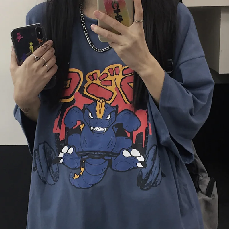 

Aolamegs Oversized T-shirt Cartoon Dinosaur Print Men's T-Shirts High Street Streetwear Japanese Retro Tee Shirts Couple Summer