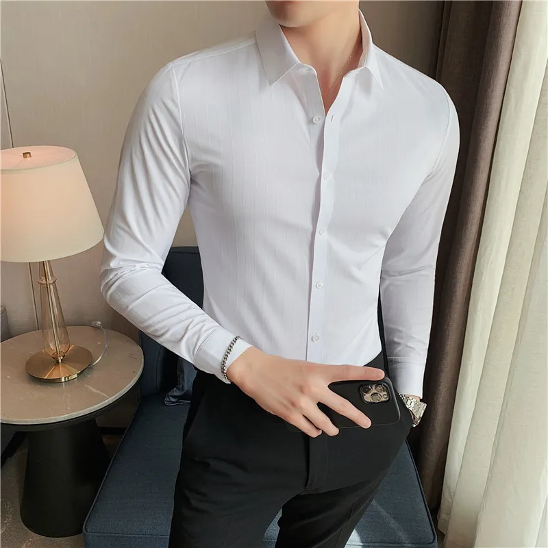 

Top Quality Dark Stripes Dress Shirt Men Clothing Simple Business Formal Wear Slim Fit Long Sleeve Social Shirts Gentlemen 3XL-M