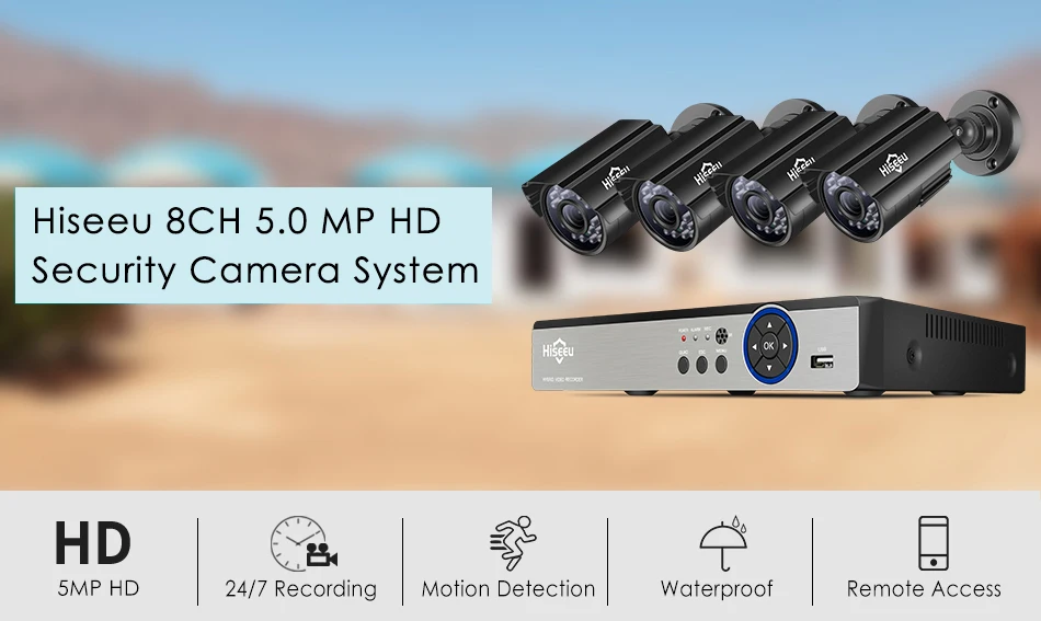 Hiseeu CCTV камера системы безопасности комплект 8CH 5MP AHD DVR 4 шт. наружный всепогодный видеонаблюдение 3,6 мм объектив