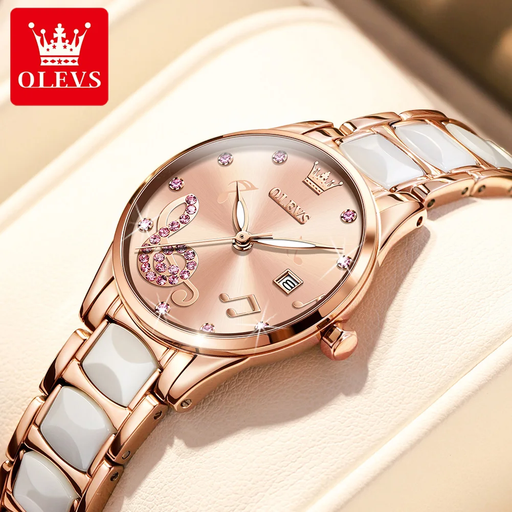 OLEVS Ladies Luxury Ceramic Watch Swiss Quartz Waterproof Red Ultra-thin Brand Fashion Gift Box Set Ladies Bracelet Clock 3605