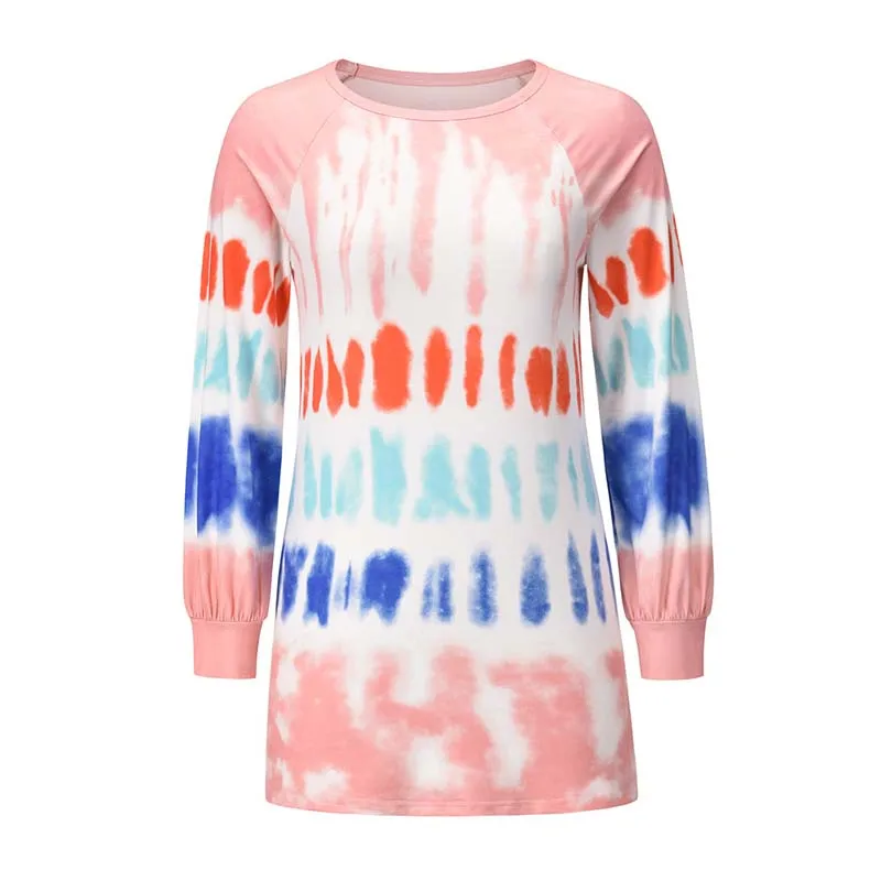 

2020 Autumn Long Sweatshirt Women Long sleeve Tie Dye Sweatshirt Dress Ladies Fashion O-neck Loose Sweatshirt For Women