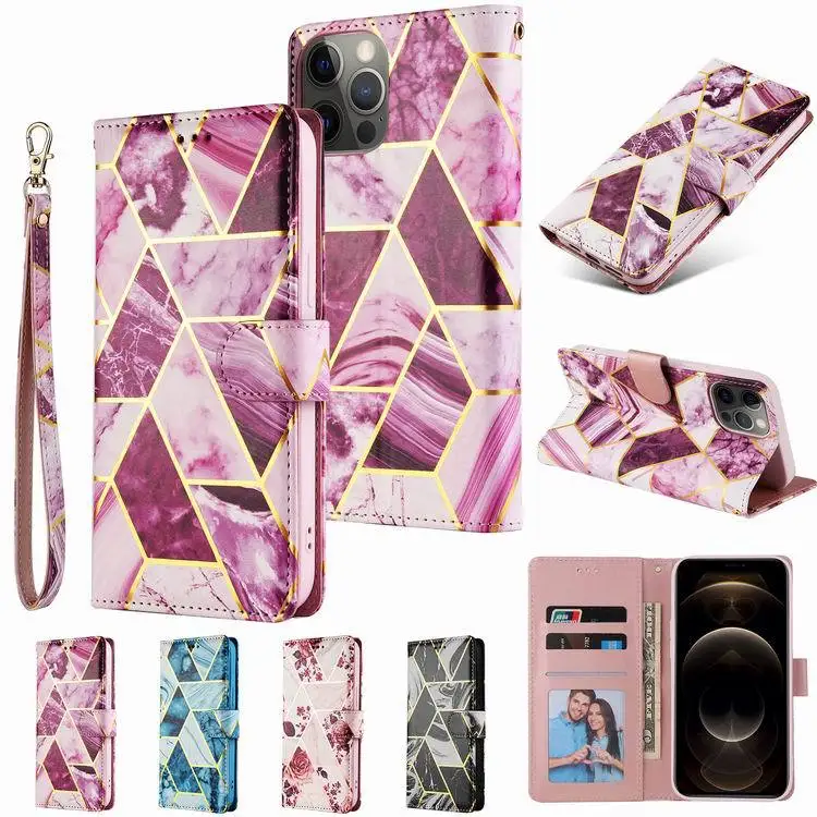 

Mosaic Geometric Bronzed Marble Leather Flip Phone Case For Iphone 12 11 Xs Pro Max Cover For Iphone Xr 8 7 Plus Se 2020 Cases