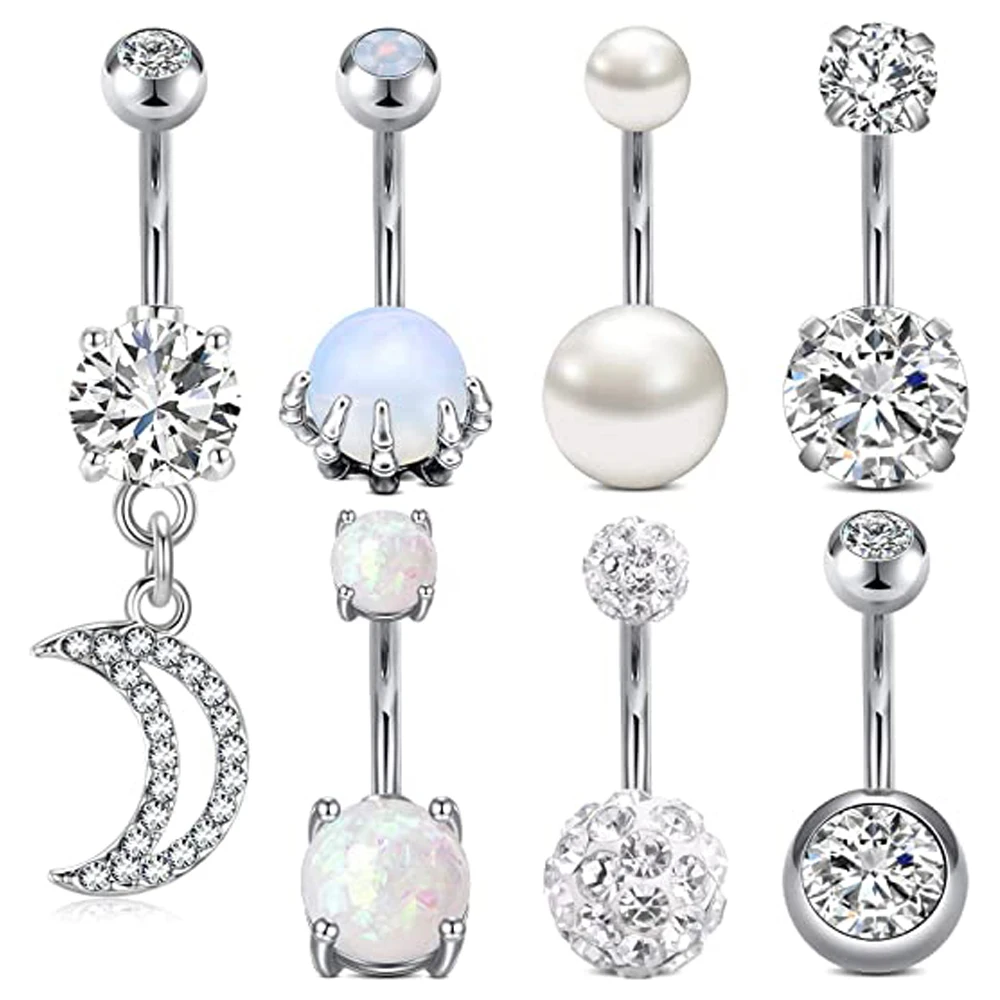 

Кольца для пупка из хирургической стали, ювелирные изделия для пирсинга живота с опалом, жемчугом, бриллиантом, из нержавеющей стали, серебр...