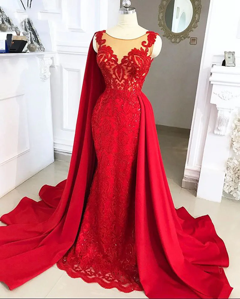 Red Formal Dress Evening for Woman Plue Size 2021 Mermaid Satin and Lace Beaded Saudi Arabia Dubai Prom Evening Gown With Shawl long sleeve formal dresses